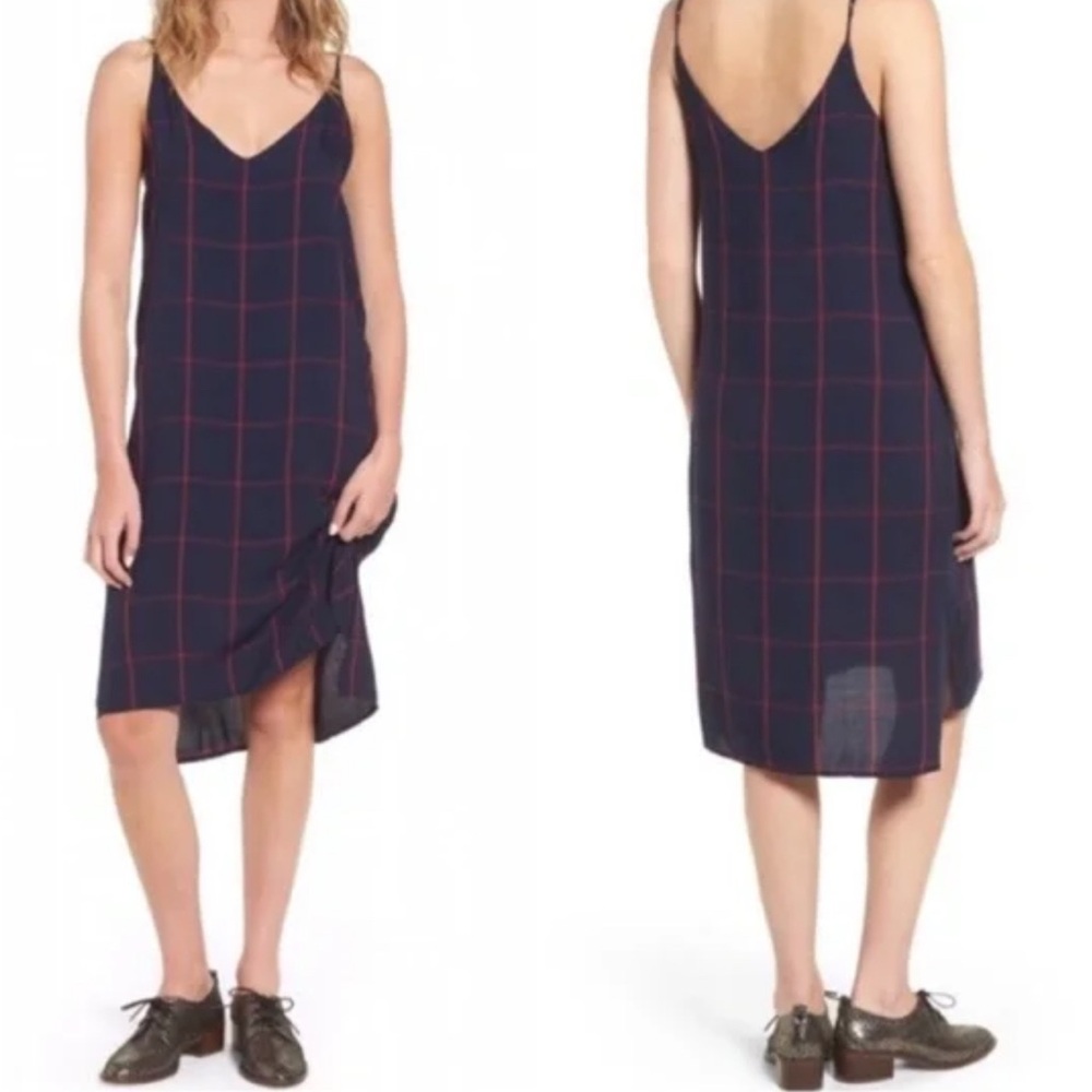 NWOT! Rails Suki Tartan Navy and Red V-Neck Midi Slip Dress